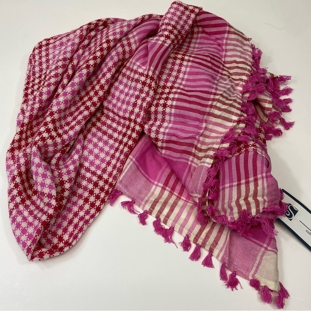 Pink check plaid scarf with fringe